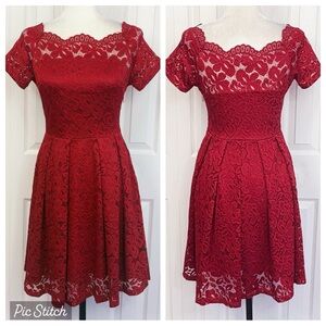 Miss May Formal Red Lace Short Sleeve Pleated Fit & Flare Dress Small